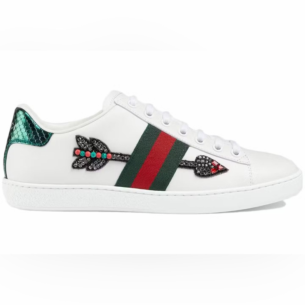 Gucci Ace Embellished Arrow Leather Sneakers White Size 36.5